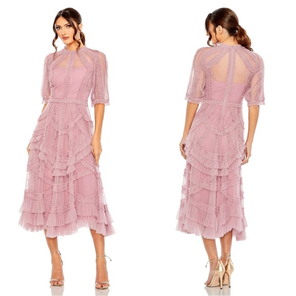 Mac Duggal 8058 High Neck Puff Sleeve Ruffle Tiered Dress Size 16 - Picture 1 of 4
